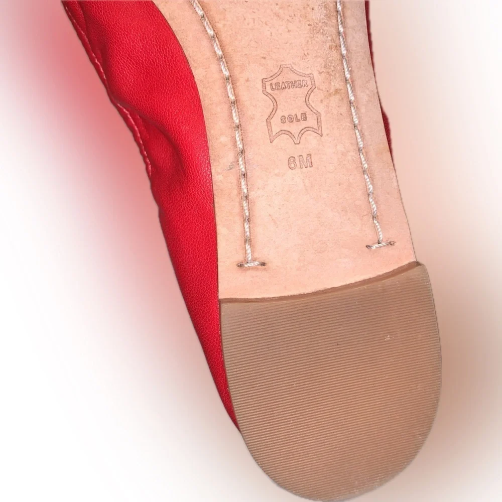 Tory Burch Minnie Toe Cap Red Azalea Pink Napa Leather Ballet Flats Gold Logo 6M